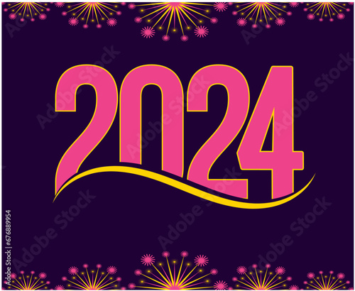 2024 New Year Holiday Design Pink And Yellow Abstract Vector Logo Symbol Illustration With Purple Background