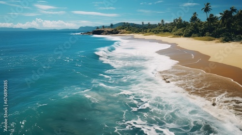 Paradisiacal beach in Taipu de Fora, on the coast of Bahia, in northeastern Brazil. Waves breaking in the sea, with sand without people and cloudy summer sky photo