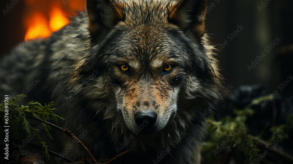 Portrait of aggressive wolf at night in the forest.