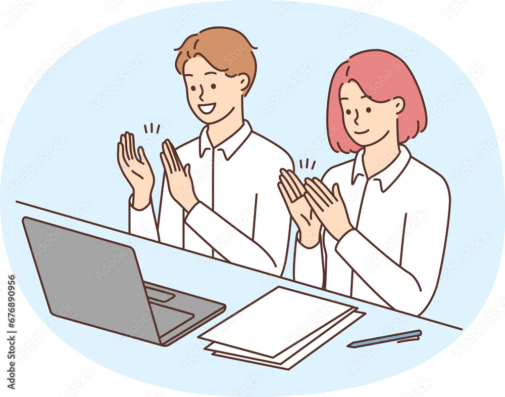 Smiling businesspeople watch online conference applaud Smiling businesspeople watch online conference applaud