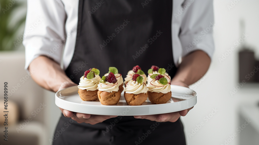 Waiter serving delicious cream dessert on a tray - obrazy, fototapety, plakaty 