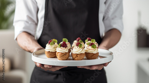 Waiter serving delicious cream dessert on a tray
