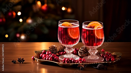 Christmas sangria in glasses with orange slices and berries.