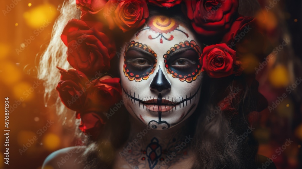 Girl with skull face paint and roses in hair, day of death