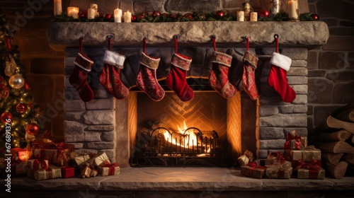 fireplace with christmas decorations, christmas stocking © Tom