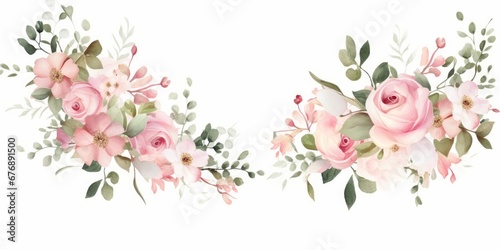 Watercolor floral illustration bouquet set - green leaves, pink peach blush white flowers branches. Wedding invitations, greetings, wallpapers, fashion, prints. Eucalyptus, olive, peony, Generative AI © Visual Vortex