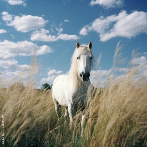 A white horse is grazing in a field of tall grass under a blue sky