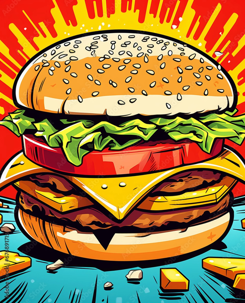 Illustration of a flashy burger in HQ cartoon style, generative a.i