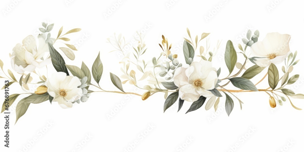 Watercolor floral illustration set - white flowers, green gold leaf branches collection, for wedding stationary, greetings, wallpapers, fashion, background. Eucalyptus, olive, leaves, Generative AI - obrazy, fototapety, plakaty 