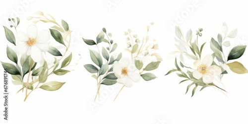 Watercolor floral illustration set - white flowers, green gold leaf branches collection, for wedding stationary, greetings, wallpapers, fashion, background. Eucalyptus, olive, leaves, Generative AI © Visual Vortex