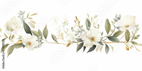 Watercolor floral illustration set - white flowers, green gold leaf branches collection, for wedding stationary, greetings, wallpapers, fashion, background. Eucalyptus, olive, leaves, Generative AI