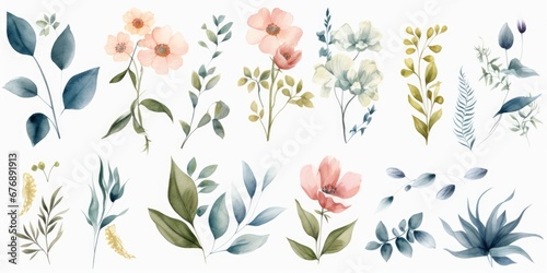 Watercolour floral illustration set. DIY blush pink blue flower, green leaves individual elements collection - for bouquets, wreaths, wedding invitations, anniversary, birthday, Generative AI