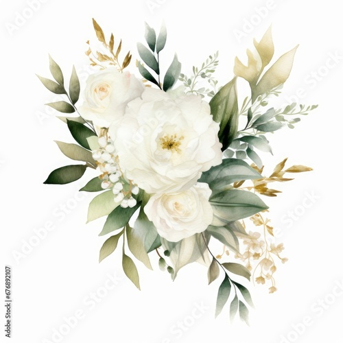 Watercolor floral illustration bouquet - white flowers, rose, peony, green and gold leaf branches collection. Wedding stationary, greetings, wallpapers, fashion, Eucalyptus, olive, Generative AI