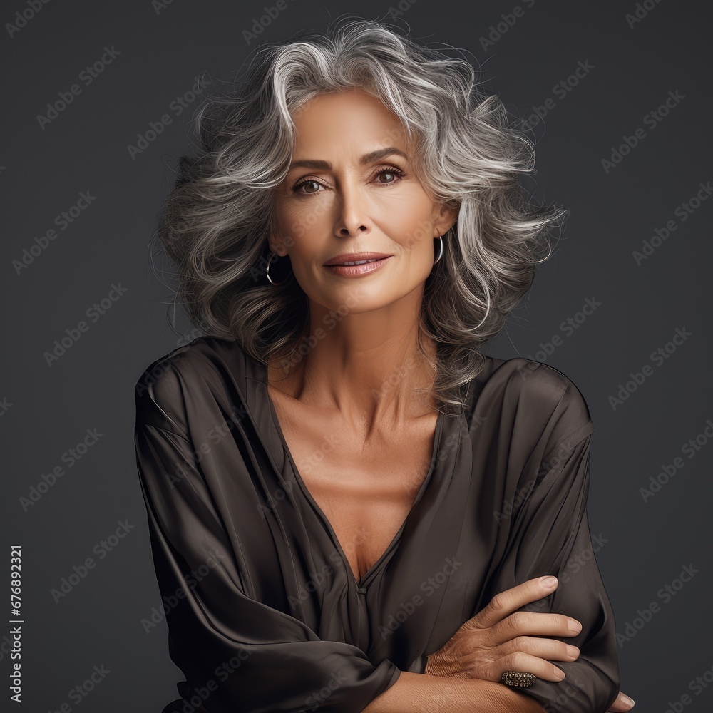 Attractive gorgeous mature older woman looking at camera on gray background. The concept of anti-aging cosmetics for middle-aged skin care. Portrait Attractive gorgeous mature older woman looking at camera on gray background. The concept of anti-aging cosmetics for middle-aged skin care. Portrait