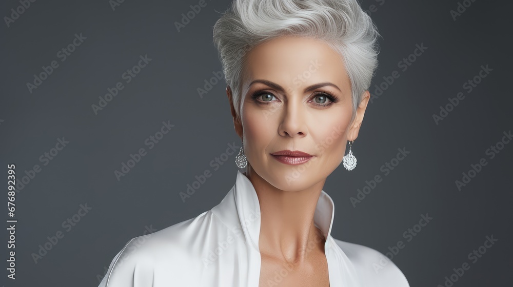 Happy smiling stylish confident 50 year old woman looking at camera on gray background. Portrait of a gray-haired woman with earrings advertising products and services. Happy smiling stylish confident 50 year old woman looking at camera on gray background. Portrait of a gray-haired woman with earrings advertising products and services.