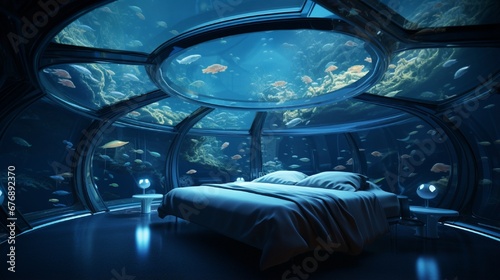 a 3D rendering of a futuristic underwater bedroom with a transparent dome ceiling for stargazing. © MistoGraphy