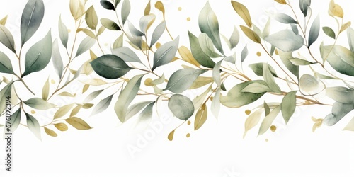 Watercolor seamless border - illustration with green gold leaves and branches, for wedding stationary, greetings, wallpapers, fashion, backgrounds, textures, DIY, wrappers, Generative AI