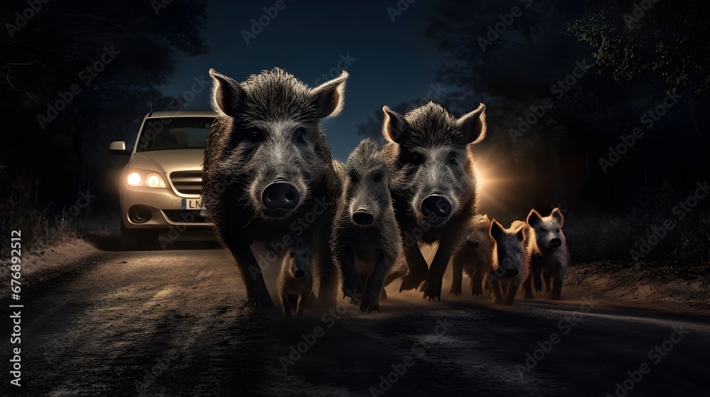 Family of wild boars walking down the street at night, danger for motorists. Road accidents caused by animals. Danger on the road. - obrazy, fototapety, plakaty 