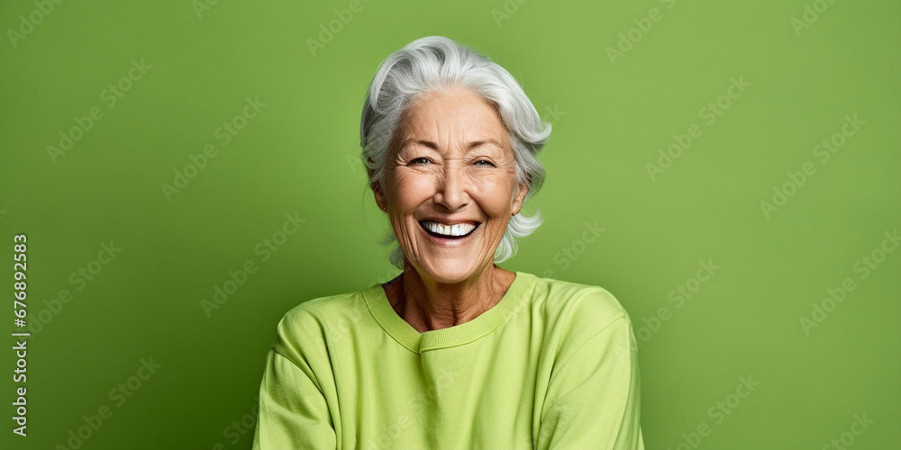 Smiling Mature Lady Poses Gracefully Against a Lush Green Backdrop in Bestage Product Ad, AI generated Smiling Mature Lady Poses Gracefully Against a Lush Green Backdrop in Bestage Product Ad, AI generated