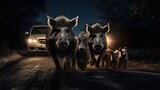 Family of wild boars walking down the street at night, danger for motorists. Road accidents caused by animals. Danger on the road.