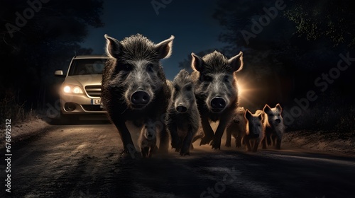 Family of wild boars walking down the street at night, danger for motorists. Road accidents caused by animals. Danger on the road. photo