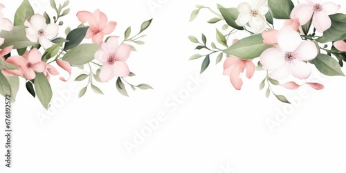 Watercolor floral border wreath with green leaves  pink peach blush white flowers branches  for wedding invitations  greetings  wallpapers  fashion  prints. Eucalyptus  olive  rose  Generative AI