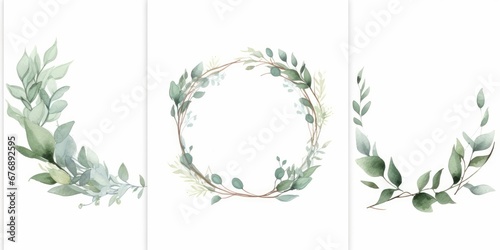 Pre made templates collection, frame, wreath - cards with green leaf branches. Wedding ornament concept. Floral poster, invite. Decorative greeting card, invitation design, birthday, Generative AI © Visual Vortex