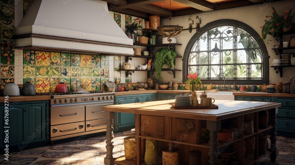 a 3D rendering of a Mediterranean-style kitchen with colorful tiles and wrought-iron accents.