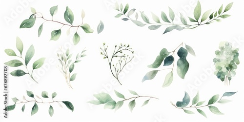 Watercolor floral illustration set - green leaf branches collection  for wedding stationary  greetings  wallpapers  fashion  background. Eucalyptus  olive  green leaves  Generative AI