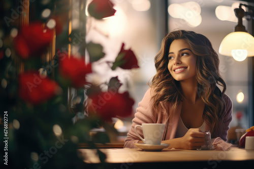 The retro charm of love in a vintage coffee cafe. This Valentine's Day, a couple shares a joyful moment, radiating happiness and romantic bliss. Perfect for projects celebrating love and togetherness.