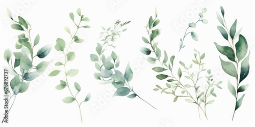 Watercolor floral illustration set - green leaf branches collection  for wedding stationary  greetings  wallpapers  fashion  background. Eucalyptus  olive  green leaves  Generative AI
