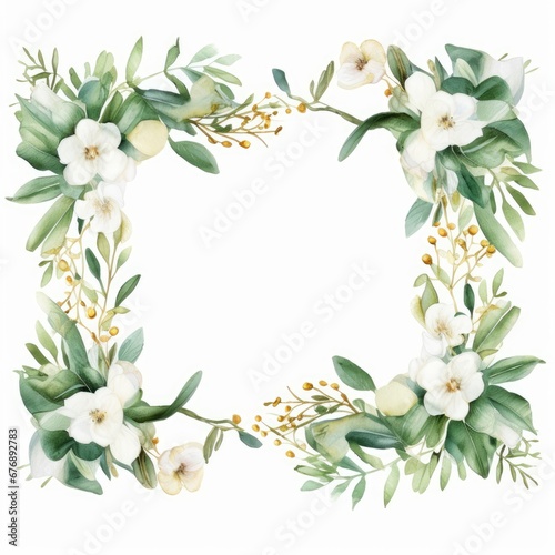 Watercolor floral illustration - white flowers, green and gold leaf frame - border, for wedding stationary, greetings, wallpapers, fashion, background. Eucalyptus, olive, green leaves, Generative AI