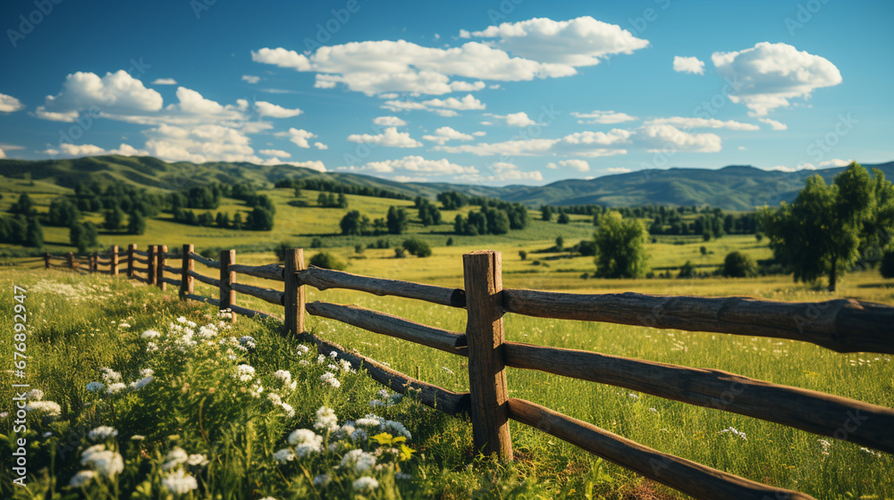 Wooden fence on green field background.