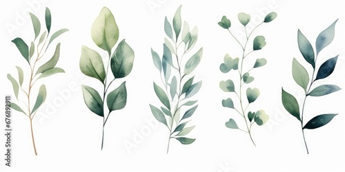 Watercolor floral illustration set - green leaf branches collection, for wedding stationary, greetings, wallpapers, fashion, background. Eucalyptus, olive, green leaves, Generative AI