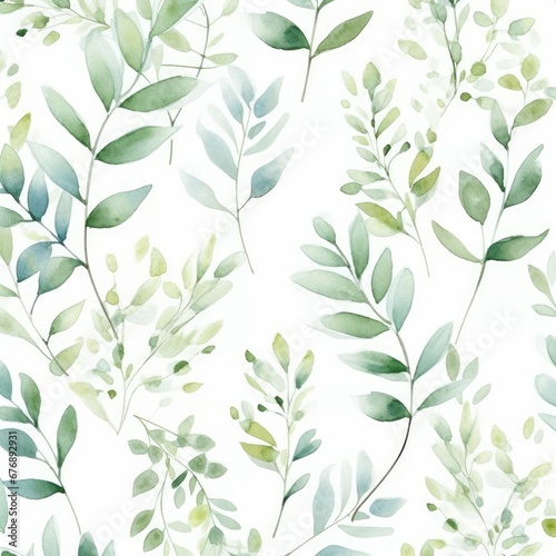 Seamless watercolor floral pattern - green leaves and branches composition on white background  perfect for wrappers  wallpapers  postcards  greeting cards  wedding invitations  romantic Generative AI