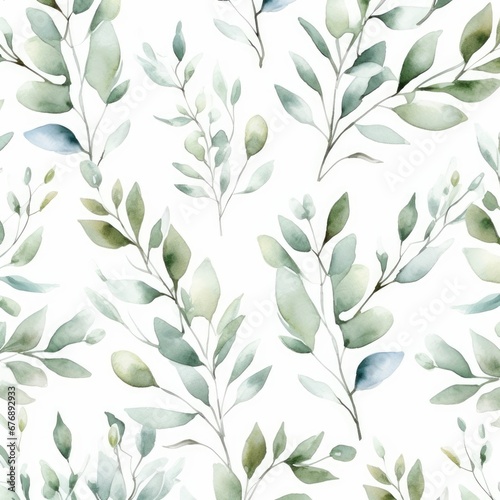 Seamless watercolor floral pattern - green leaves and branches composition on white background, perfect for wrappers, wallpapers, postcards, greeting cards, wedding invitations, romantic,Generative AI