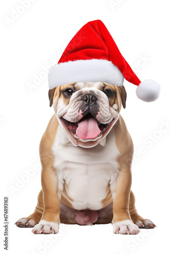 Bulldog with santa claus hat. isolated on transparent background PNG. © NoOneSaid
