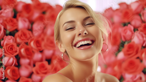 Smiling woman, embracing the beauty of roses. This image captures a moment of celebration and positive emotion, perfect for conveying happiness and appreciation in various projects.