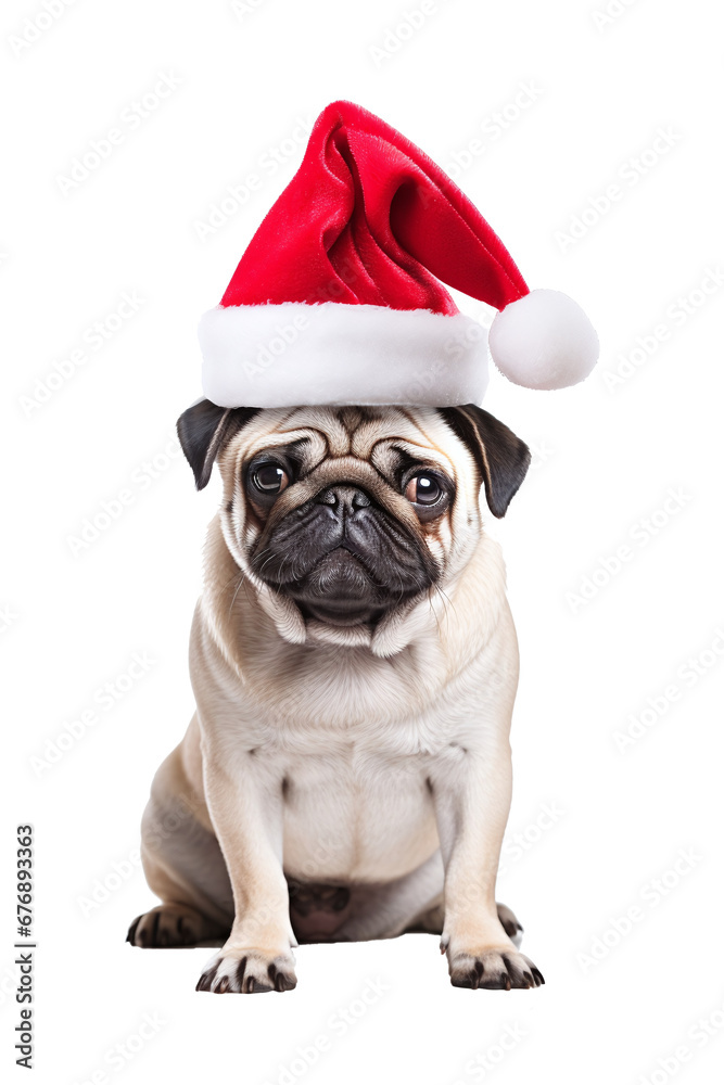 Pug with santa claus hat on transparent background PNG