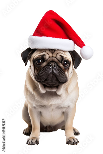 Pug with santa claus hat on transparent background PNG