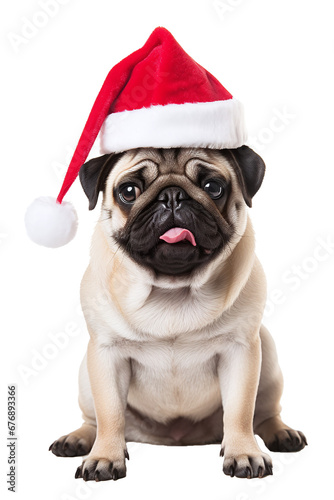 Pug with santa claus hat on transparent background PNG © NoOneSaid