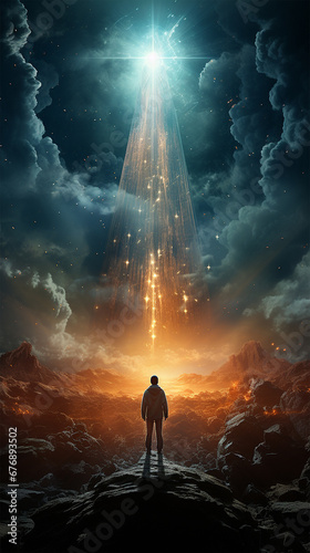 Fantasy concept illustration  boy facing epic glowing rain of lights  cosmic round portal  flaming nebula in fairy tale mythical world  starry vertical background  mystical astral night sky