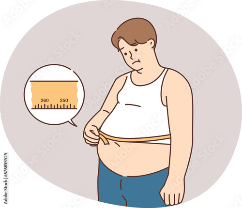 Konstfotografi Unhappy fat man measure belly with tape
