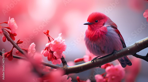 a red bird sitting on a branch with pink flowers in the background and a blurry background of the photo