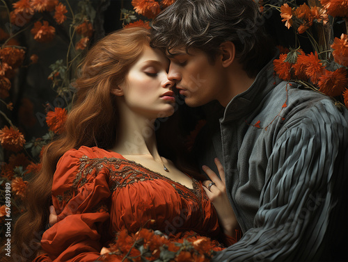 Portrait of a couple in love, young man and woman in retro medieval costumes, sensual and in an intimate attitude and about to kiss surrounded by flowers. Concept of love, romance and passion 