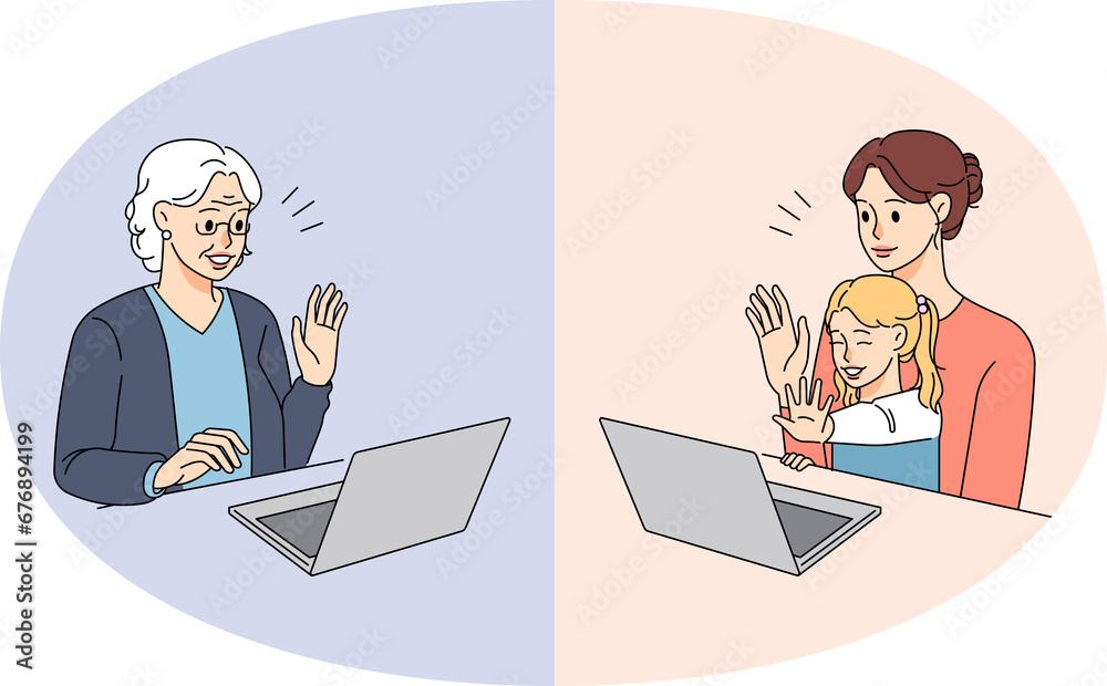 Happy family have webcam conversation on computer