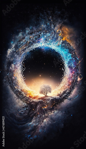 Fantasy illustration poster with immense cosmic circle portal, magical dimensional passage in astral night space. graphic resource for vertical covers and prints