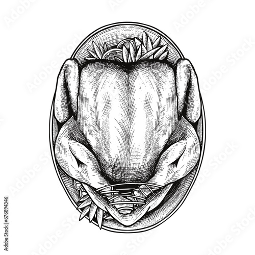 Roast Chicken Hand Drawn Engraving Pen and Ink Vintage Vector illustration