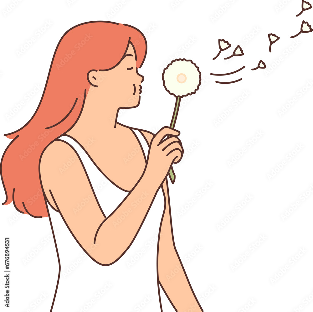 Woman with dandelion stands in spring field and blows on flower, watching seeds fly away Woman with dandelion stands in spring field and blows on flower, watching seeds fly away