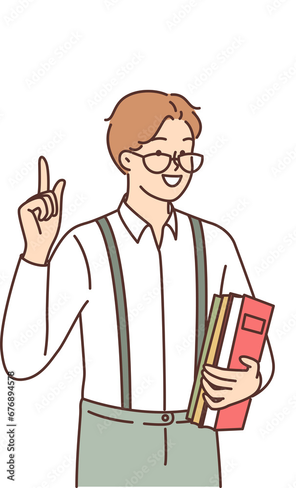 Man inventor invented solution to problem points finger at gears with question and exclamation marks Man inventor invented solution to problem points finger at gears with question and exclamation marks